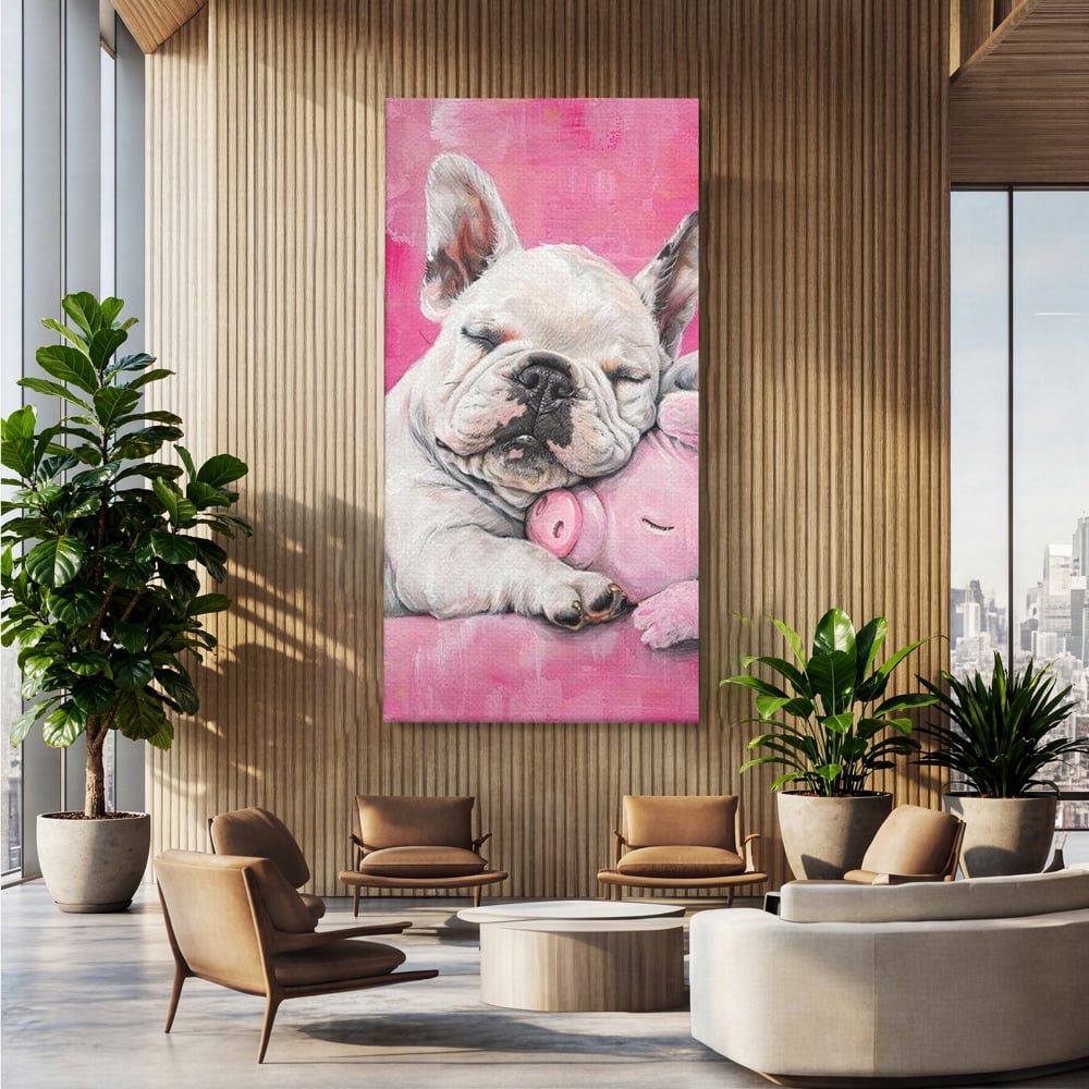 Tablou canvas cu pictura cu bulldog si porcusor, fara rama, pe sasiu de lemn, pe perete intr-un birou